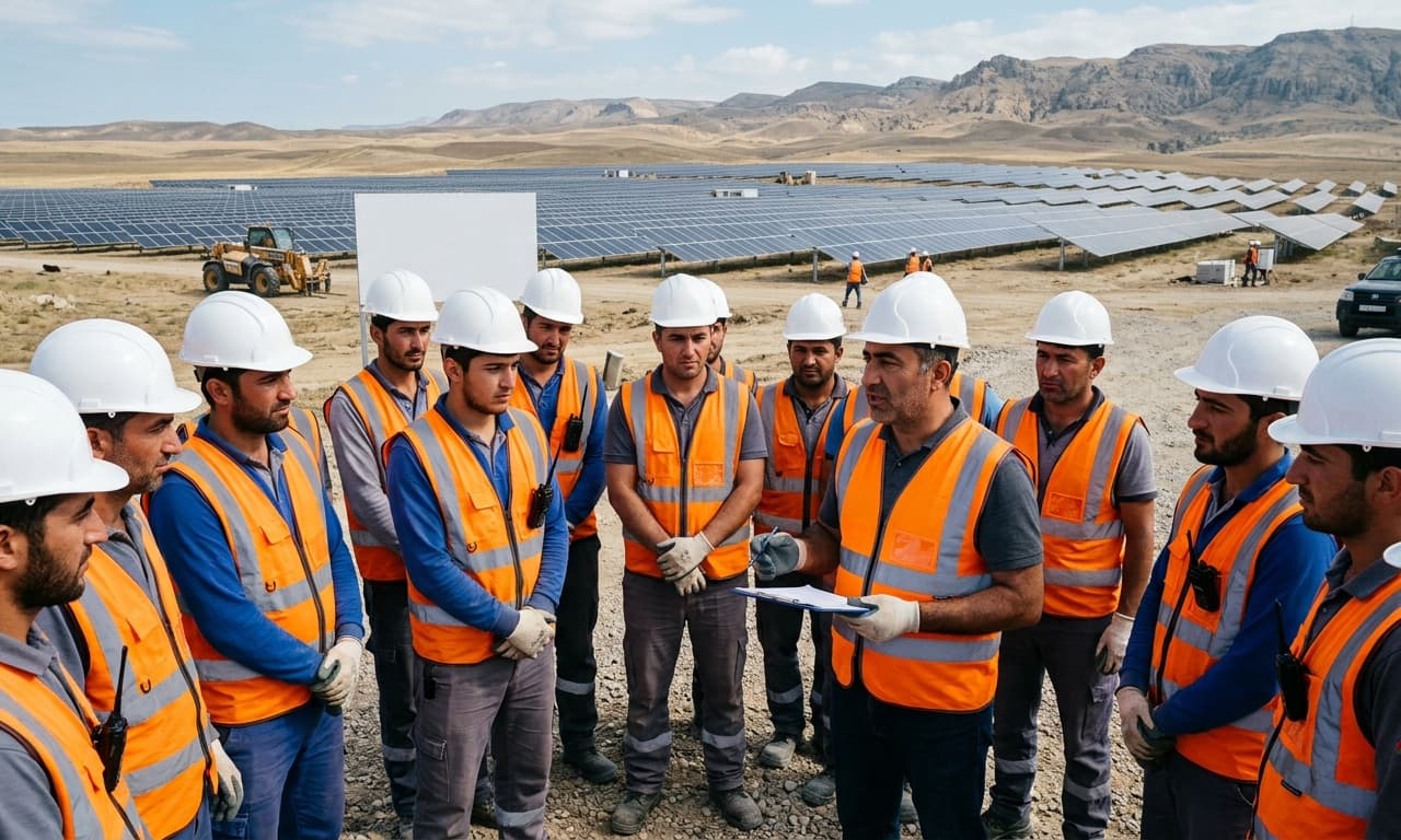 Günəş elektrik stansiyası tikinti sahəsində dəbilqəli və narıncı jiletli işçilər üçün SƏTƏM təlimatı keçirilir